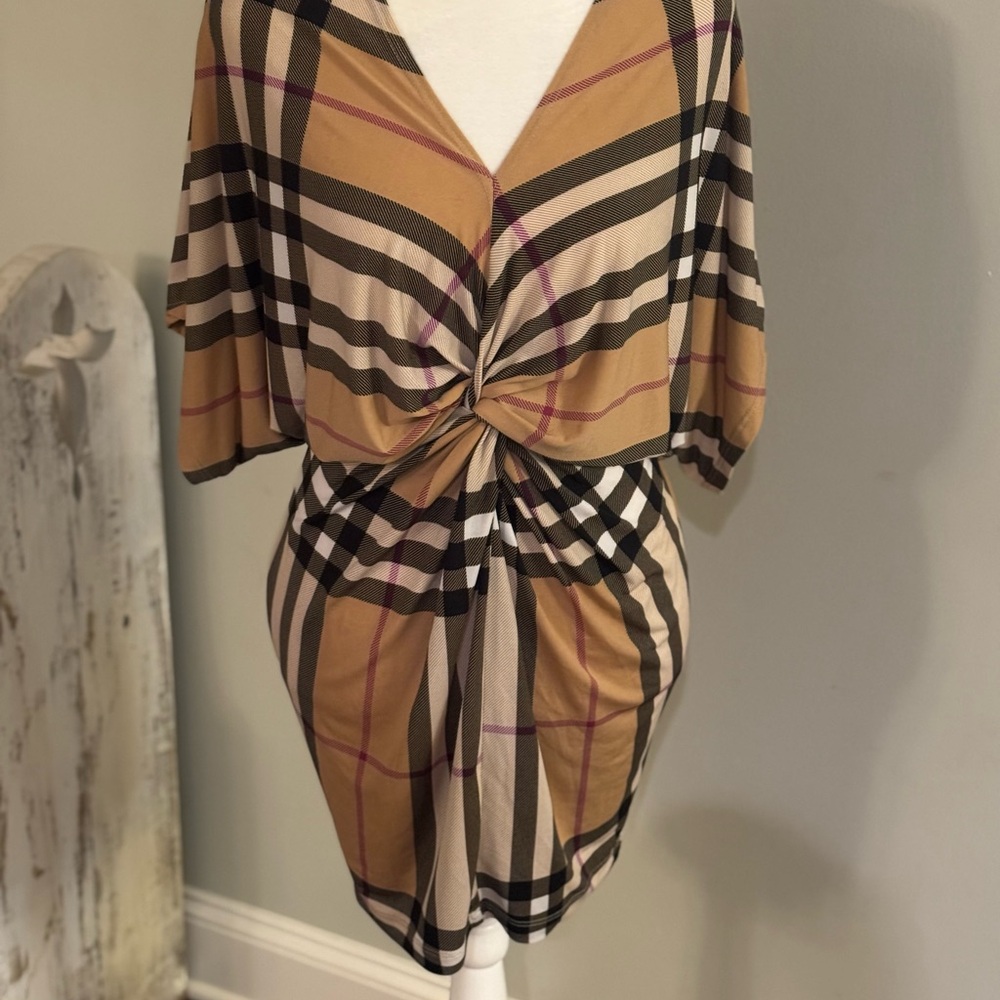 Fashion Nova Tan Plaid Knot Dress